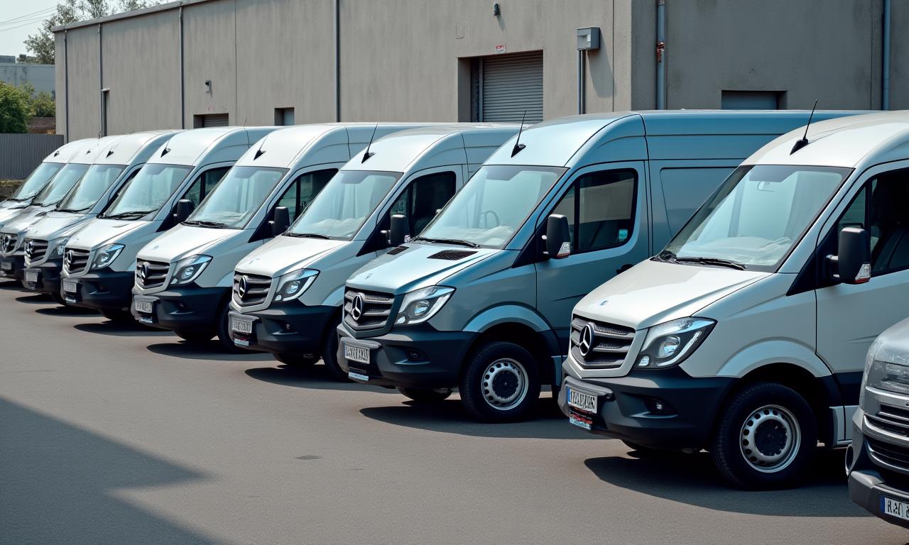 A diverse fleet of Foundry Fleet vehicles including cars, vans, and trucks lined up neatly.