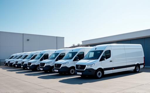 A fleet of white commercial vans for corporate clients.